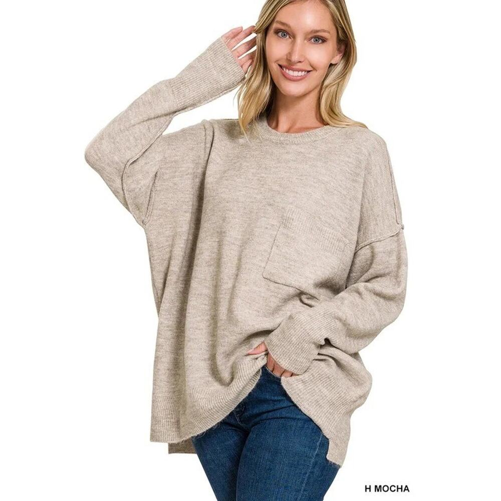Zenana Sweater Womens Crew Neck Oversized Knit Pullover Cozy Top Mocha Large
